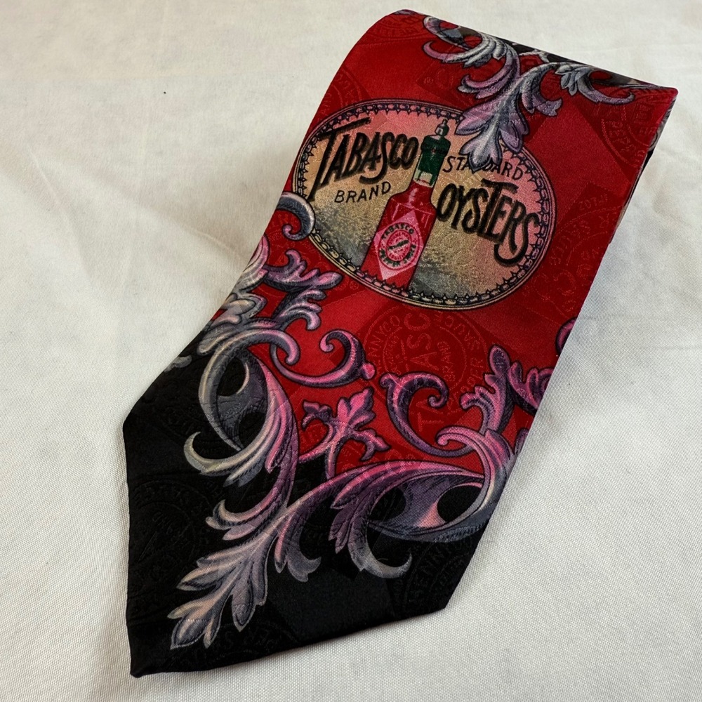 Tabasco Brand 100% Silk Novelty Tie Sauce Oysters Red Black Mens Necktie Print